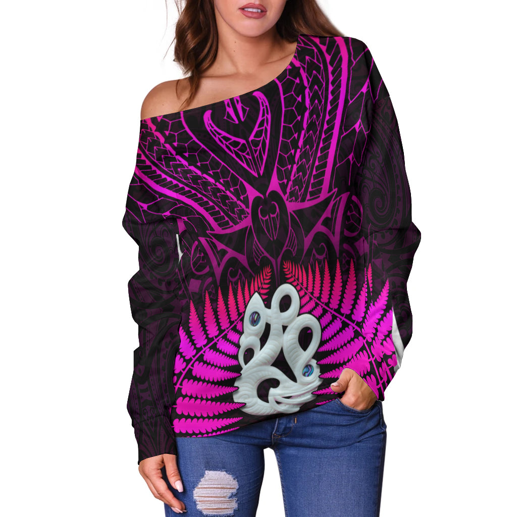 Aotearoa Fern Off Shoulder Sweater New Zealand Hei Tiki Purple Style LT13 - Polynesian Pride