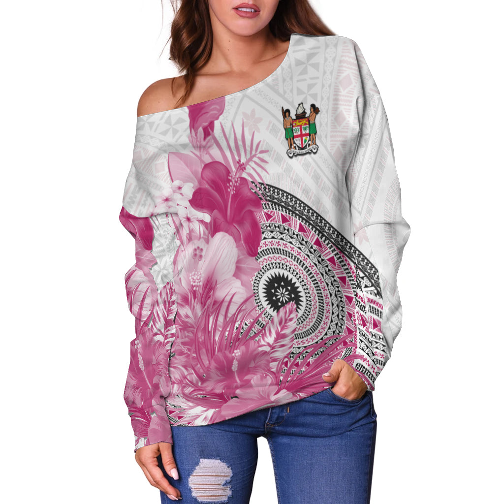 (Custom Personalised) Fiji Tapa Off Shoulder Sweater Pink Fijian Masi Be Loved Hibiscus LT13 - Polynesian Pride