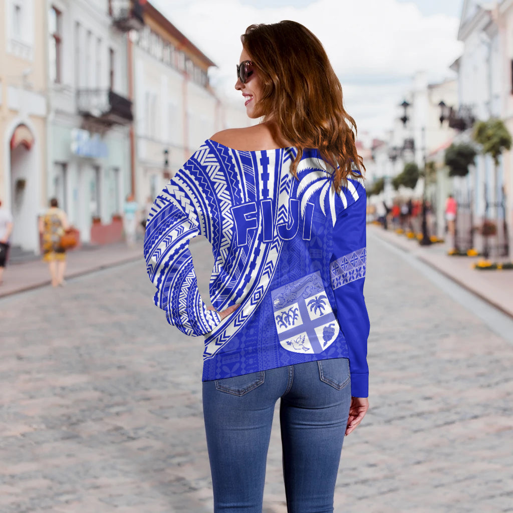 Fiji Rugby Sevens Off Shoulder Sweater Fijian 7s Tapa Polynesian Blue Ver.02 LT13 - Polynesian Pride