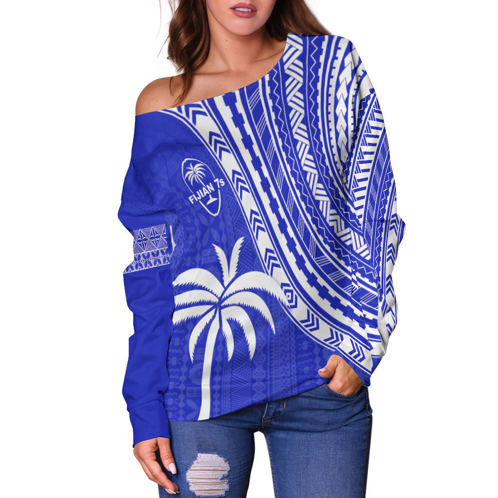 Fiji Rugby Sevens Off Shoulder Sweater Fijian 7s Tapa Polynesian Blue Ver.02 LT13 Women Blue - Polynesian Pride