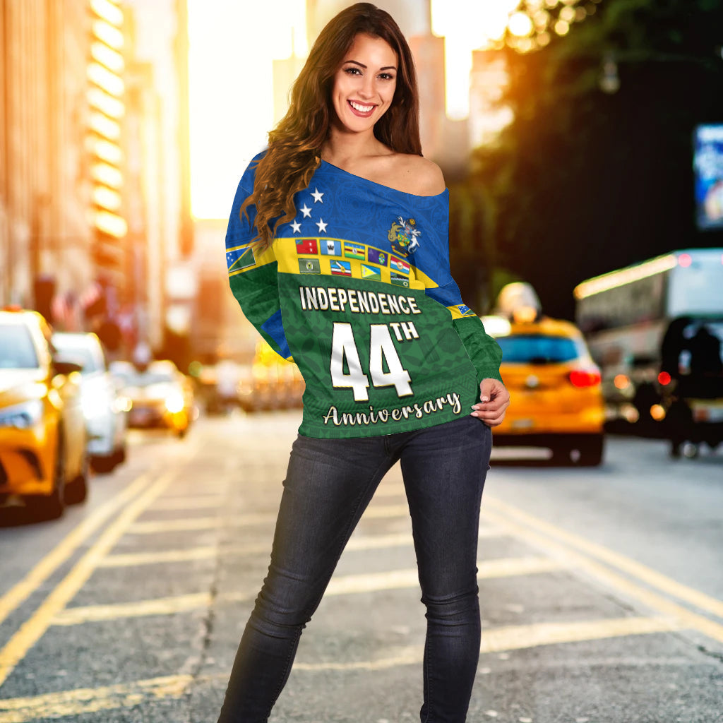 (Custom Personalised) Solomon Islands National Day Off Shoulder Sweater Independence Day Tapa Pattern LT13 - Polynesian Pride