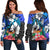 (Custom Text and Number) Fiji Tie Dye Off Shoulder Sweater Polynesian Blue Tribal Creative Tropical Flowers LT13 Women Blue - Polynesian Pride