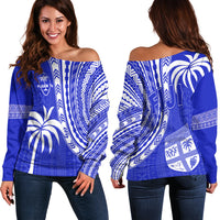 Fiji Rugby Sevens Off Shoulder Sweater Fijian 7s Tapa Polynesian Blue Ver.02 LT13 - Polynesian Pride
