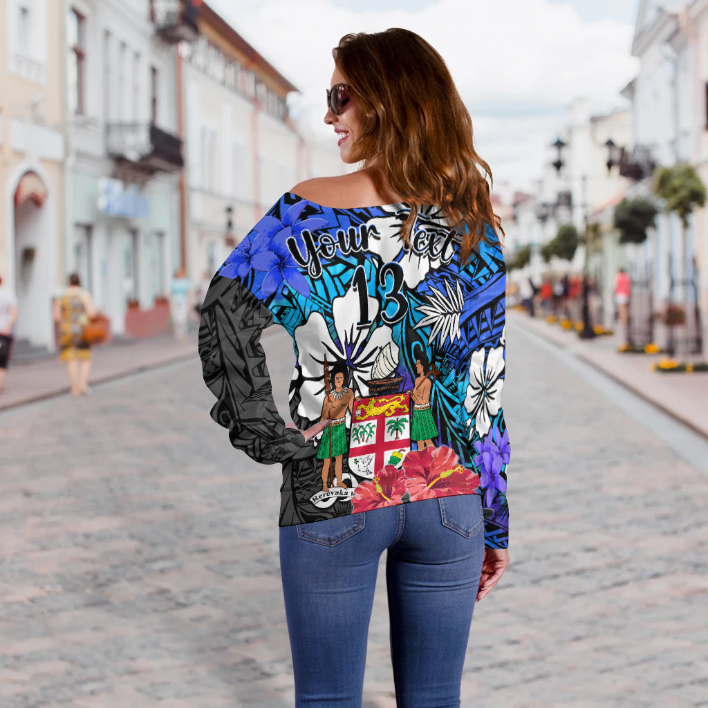 (Custom Text and Number) Fiji Tie Dye Off Shoulder Sweater Polynesian Blue Tribal Creative Tropical Flowers LT13 - Polynesian Pride