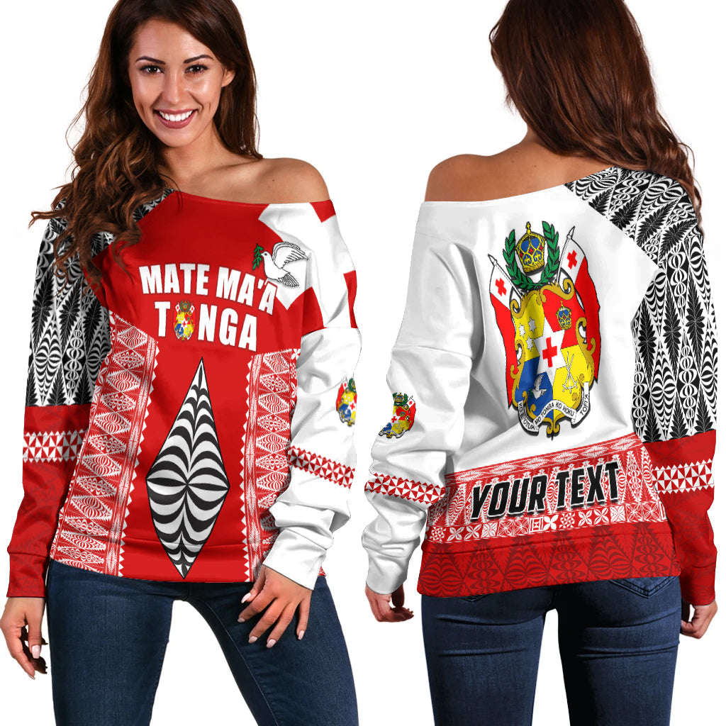 (Custom Personalised) Tonga Rugby Off Shoulder Sweater Kupesi Ngatu Mate Maa Tonga LT13 Women Red - Polynesian Pride