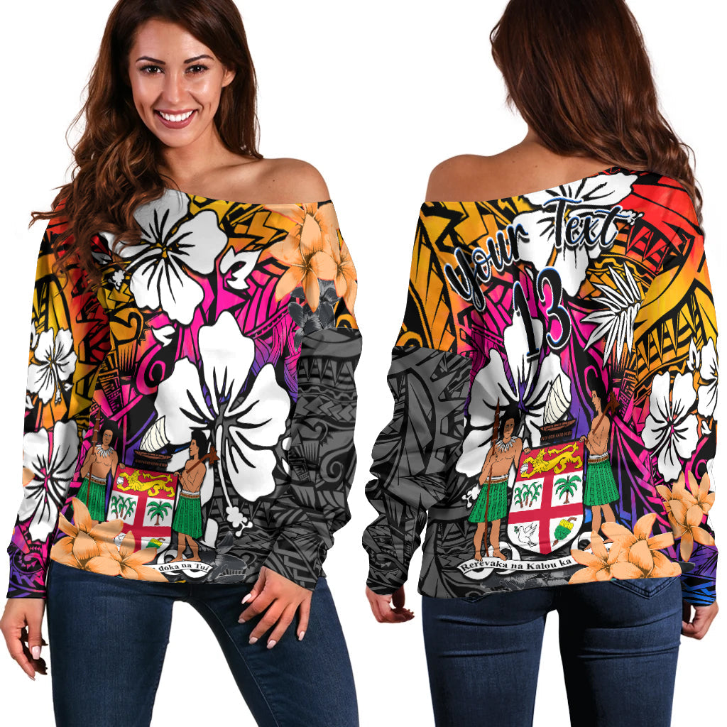 (Custom Text and Number) Fiji Tie Dye Off Shoulder Sweater Polynesian Tribal Creative Tropical Flowers LT13 Women Red - Polynesian Pride