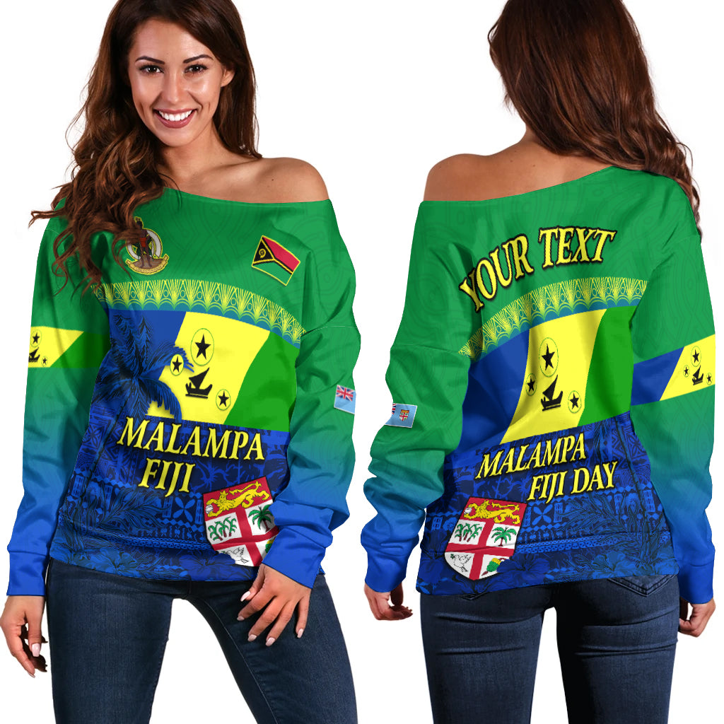 (Custom Personalised) Malampa Fiji Day Off Shoulder Sweater Vanuatu Polynesia mix Flowers LT13 Women Green - Polynesian Pride