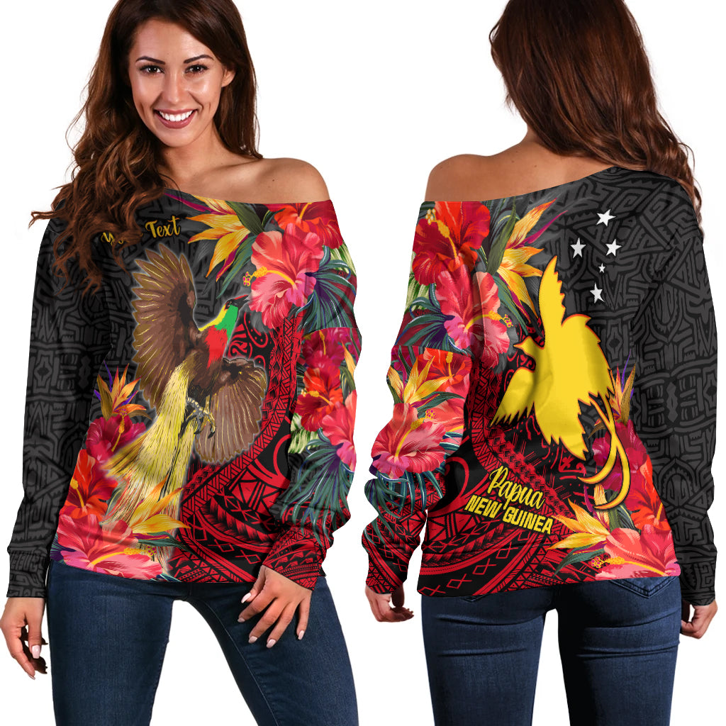 (Custom Personalised) Papua New Guinea Off Shoulder Sweater Bird of Paradise LT13 Women Black - Polynesian Pride