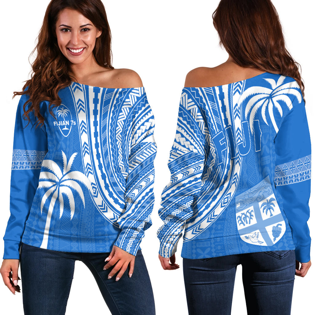 Fiji Rugby Sevens Off Shoulder Sweater Fijian 7s Tapa Polynesian Blue Ver.01 LT13 Women Blue - Polynesian Pride