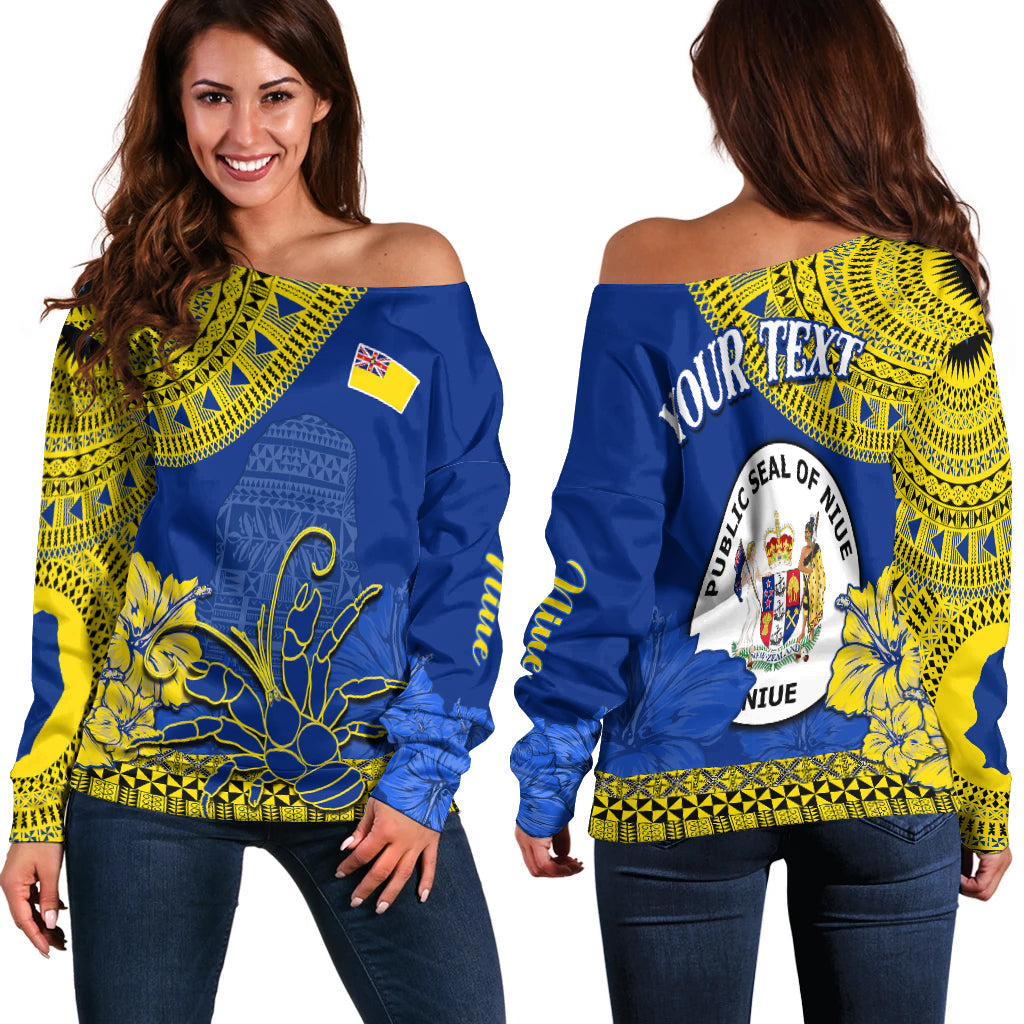 (Custom Personalised) Niue Hiapo Off Shoulder Sweater Rock of Polynesia Tapa Niuean Crab Happy Day LT13 Women Blue - Polynesian Pride