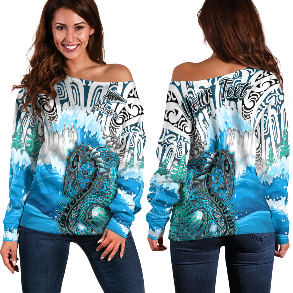 (Custom Personalised) Manaia Maori Off Shoulder Sweater Fern Aotearoa Blue Waves LT13 Women Blue - Polynesian Pride