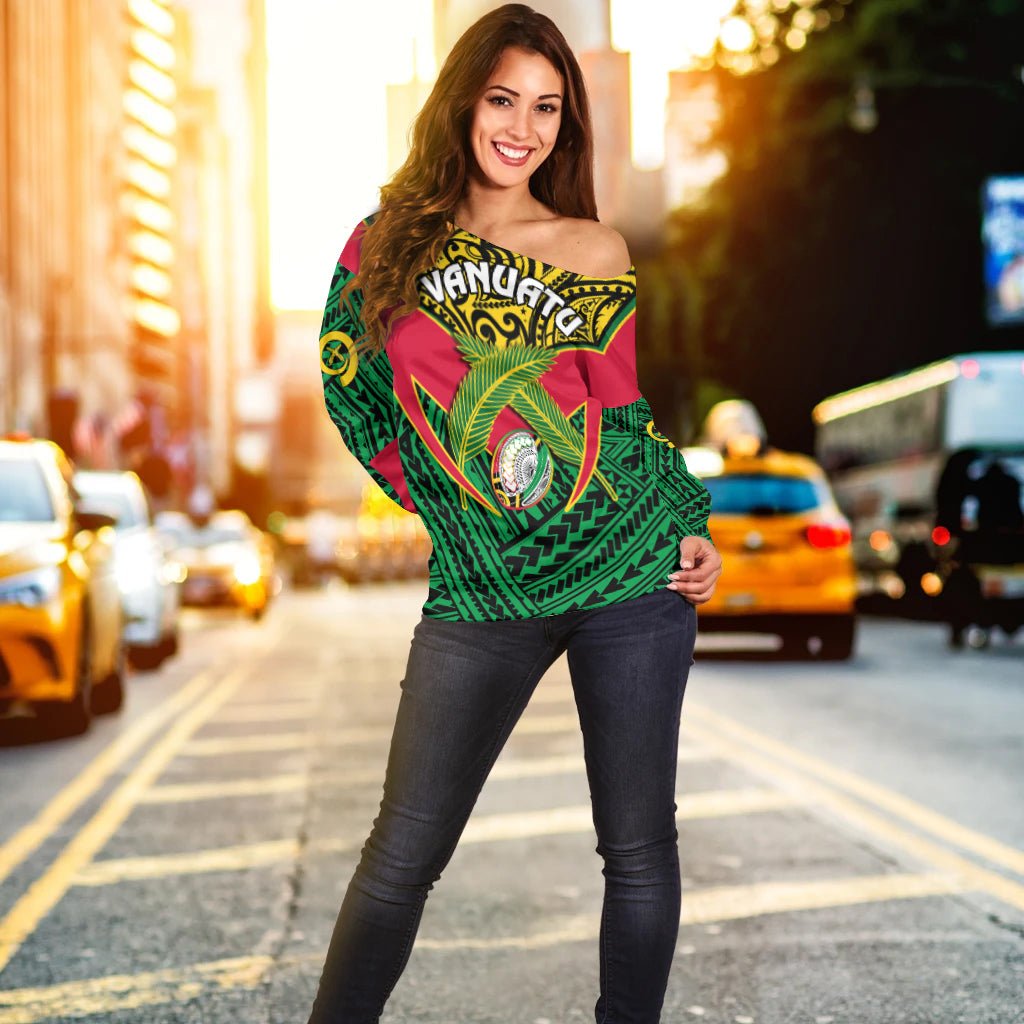 (Custom Personalised) Vanuatu Rugby Off Shoulder Sweater Coat Of Arms Polynesian Pattern LT14 - Polynesian Pride