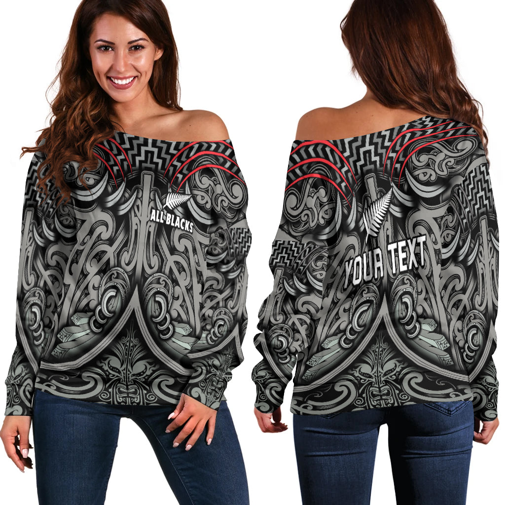 (Custom Personalised) New Zealand Silver Fern Rugby Off Shoulder Sweater All Black NZ Maori Pattern LT13 Women Black - Polynesian Pride