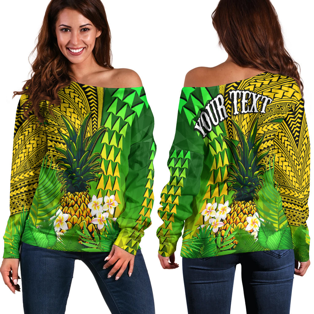 (Custom Personalised) Hawaii Pineapple Off Shoulder Sweater Plumeria Frangipani Mix Tribal Pattern LT13 Women Green - Polynesian Pride