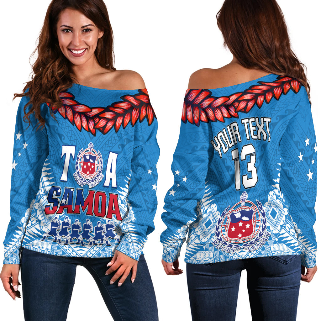 (Custom Personalise Text and Number) Toa Samoa Rugby Off Shoulder Sweater Manu Siva Tau Style Ulafala LT13 Women Blue - Polynesian Pride