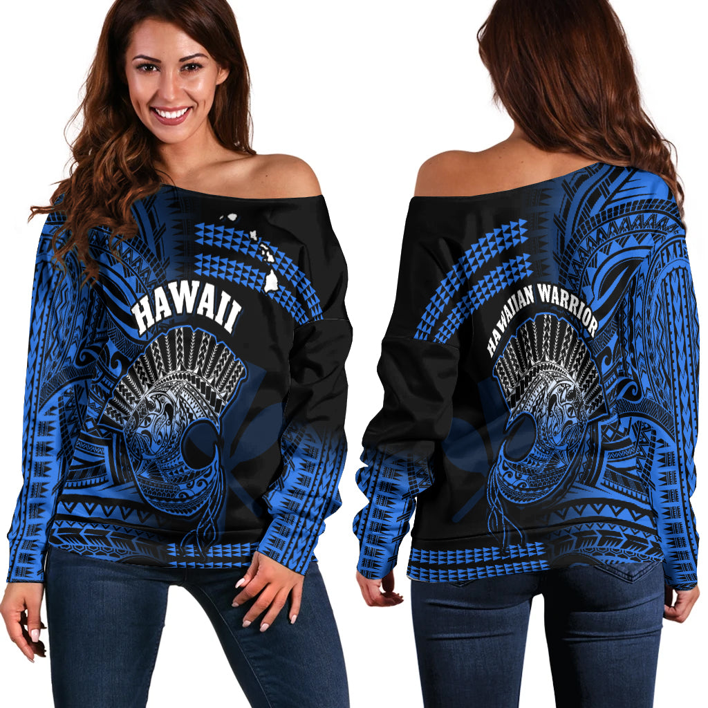 Hawaii Off Shoulder Sweater Kakau Warrior Helmet Gradient Blue Polynesian LT14 Women Blue - Polynesian Pride