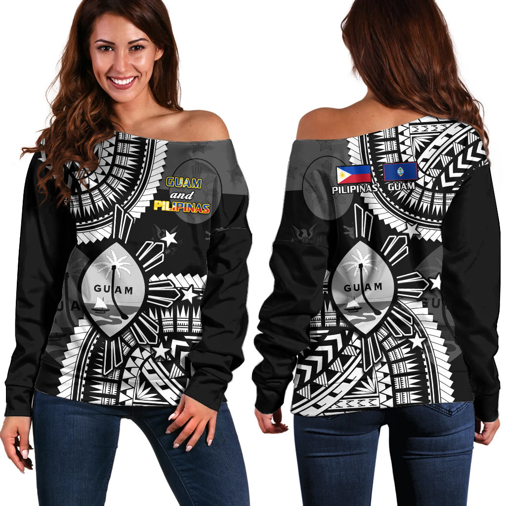 Guam and Philippines Off Shoulder Sweater Guaman Filipinas Together Black LT14 Women Black - Polynesian Pride