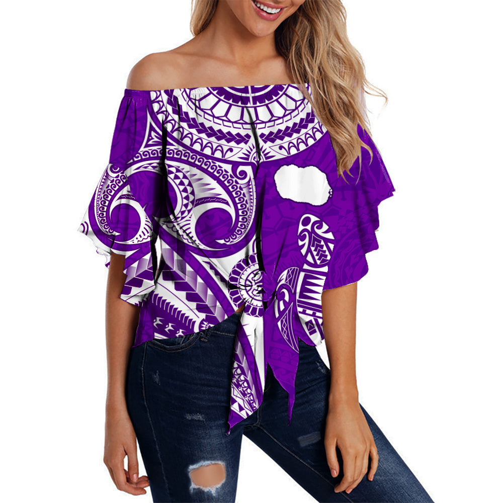 Rarotonga Cook Islands Off Shoulder Waist Wrap Top Turtle and Map Style Purple LT13 Women Purple - Polynesian Pride