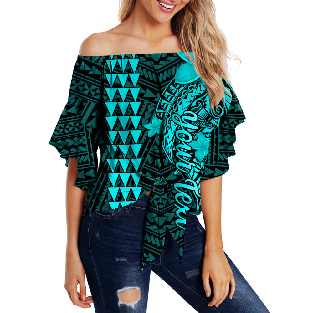 (Custom Personalised) Hawaii Off Shoulder Waist Wrap Top Kakau Kanaka Maoli Combine Polynesian Shark Ver.04 LT14 Women Turquoise - Polynesian Pride