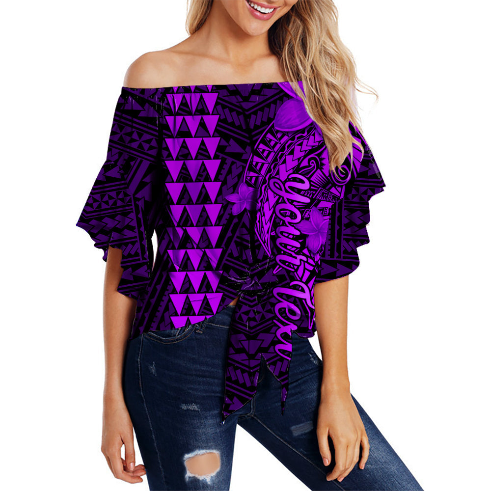 (Custom Personalised) Hawaii Off Shoulder Waist Wrap Top Kakau Kanaka Maoli Combine Polynesian Shark Ver.05 LT14 Women Purple - Polynesian Pride