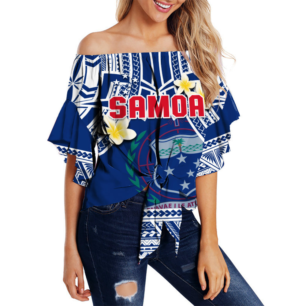 (Custom Personalised) Samoa Off Shoulder Waist Wrap Top Samoan Plumeria Flowers Mix Polynesian Pattern LT14 Women Blue - Polynesian Pride