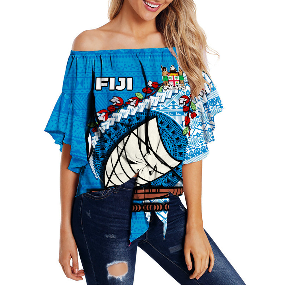 Fiji Off Shoulder Waist Wrap Top Fijian Drua Mix Tagimaucia Flower Blue Style LT14 Women Blue - Polynesian Pride