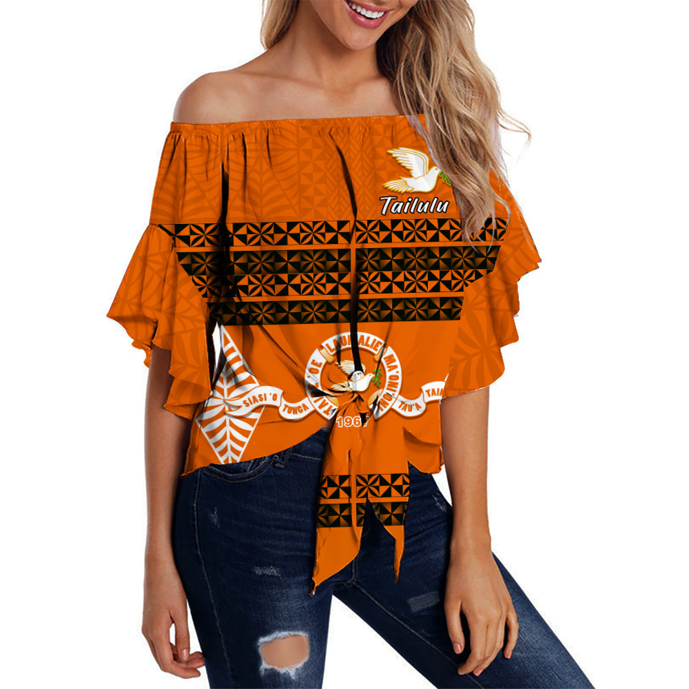 Tailulu College Off Shoulder Waist Wrap Top Tonga Pattern LT13 Women Orange - Polynesian Pride