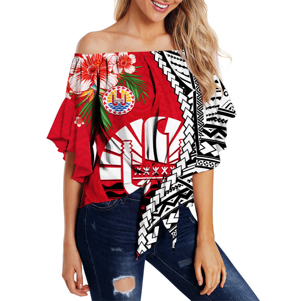 (Custom Personalised) Tahiti Islands Off Shoulder Wrap Waist Top Polynesian Shark Mix Tropical Flowers LT14 Women Red - Polynesian Pride