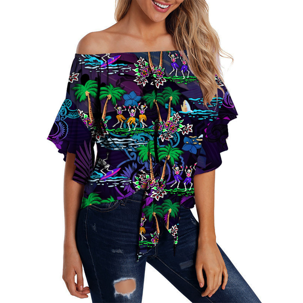 Hawaii Skeleton Dancing Off Shoulder Waist Wrap Top Halloween Hawaiian Turtle LT13 Women Purple - Polynesian Pride