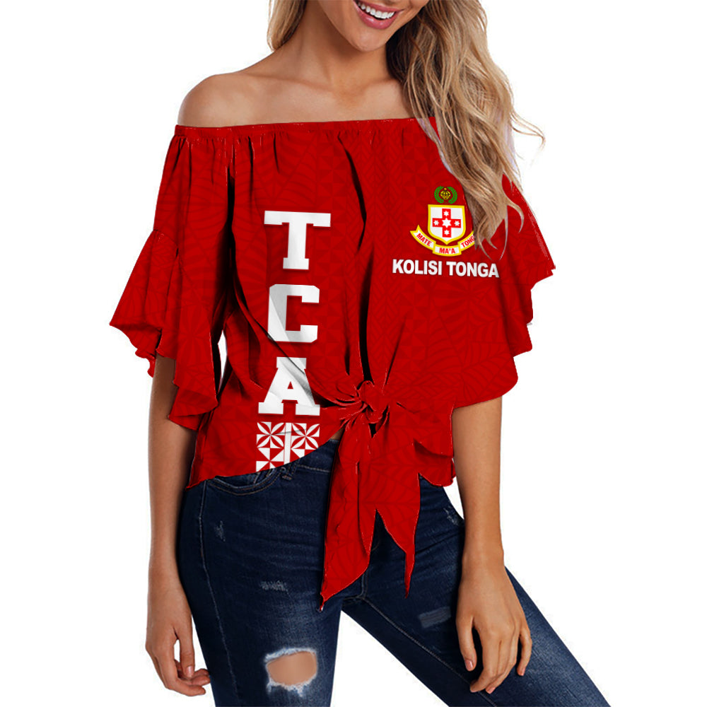 (Custom Personalised) Kolisi Tonga Off Shoulder Waist Wrap Top - TCA LT13 Women Red - Polynesian Pride