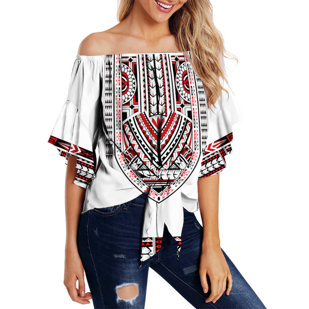 (Custom Personalised) Polynesian Off Shoulder Waist Wrap Top Dashiki With Polynesian Tattoo Royal Version LT14 Women White - Polynesian Pride