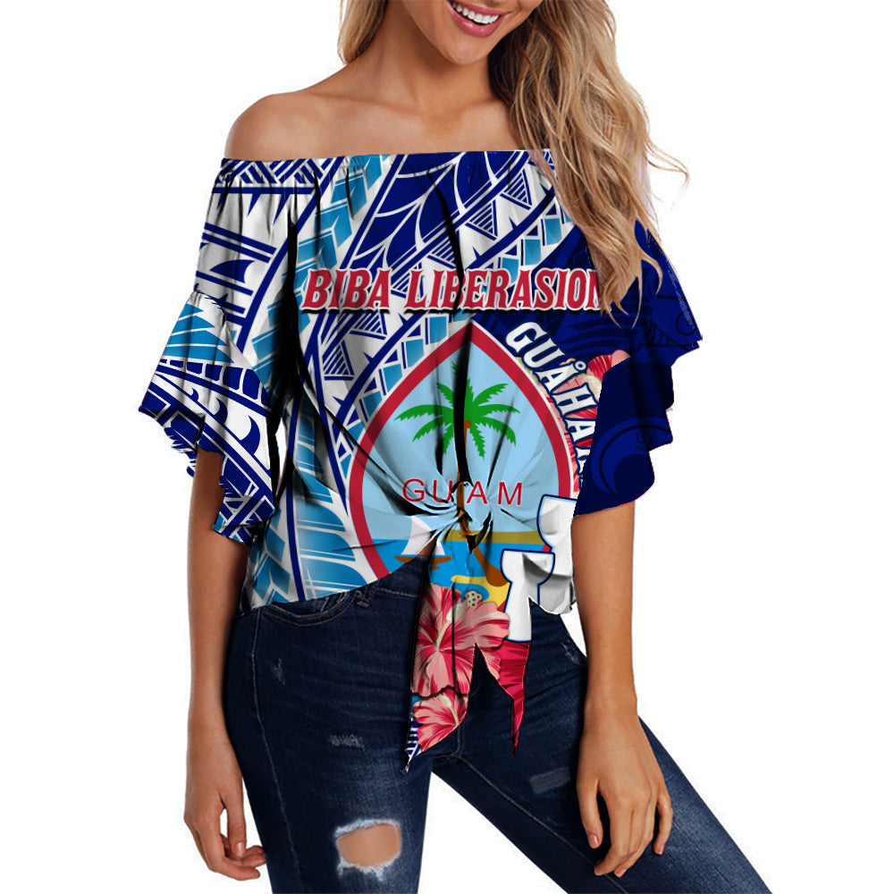 (Custom Personalised) Guam Chamorro Off Shoulder Waist Wrap Top Happy Liberation Day Latte Stone LT13 Women Blue - Polynesian Pride