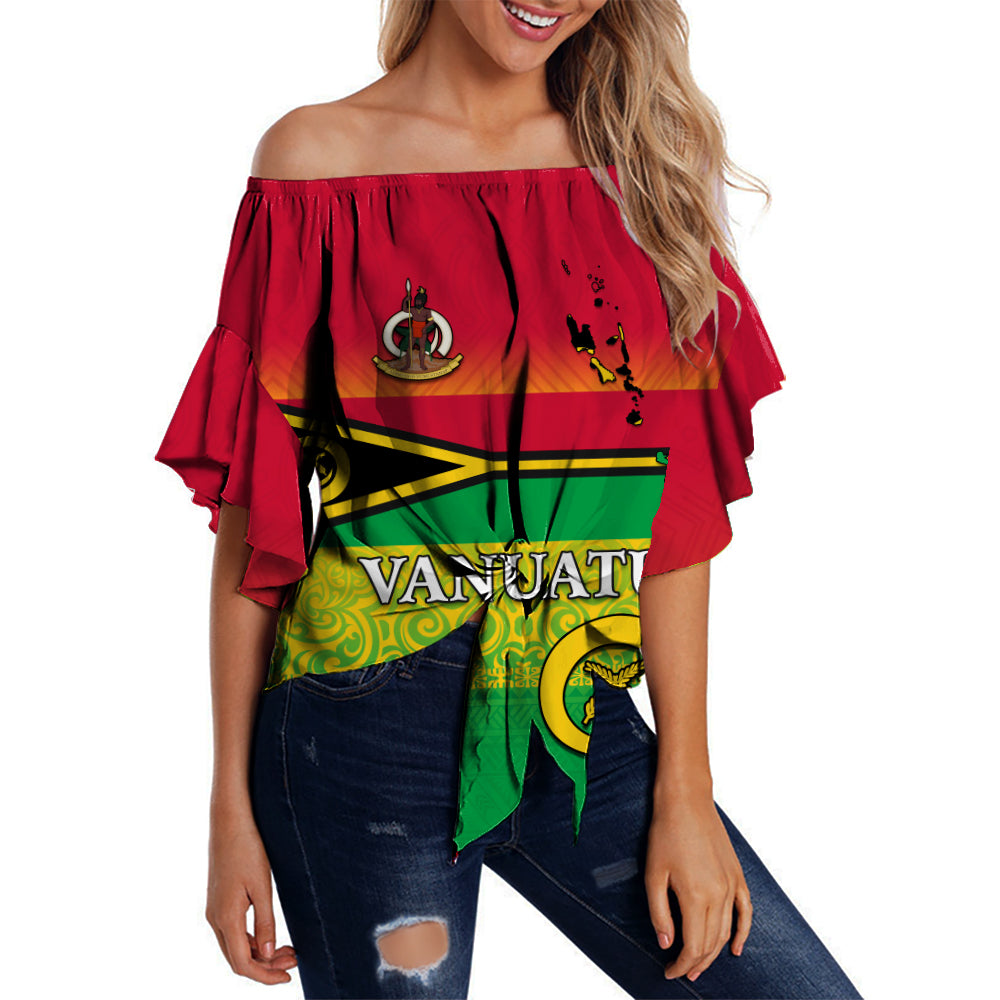 (Custom Personalised) Vanuatu Color Off Shoulder Waist Wrap Top Six Provinces and Map LT13 Women Red - Polynesian Pride