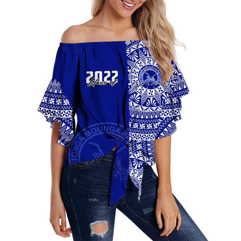 (Custom Personalised) Queen Salote Tonga College Off Shoulder Waist Wrap Top Class Of Year Tongan Ngatu Pattern LT14 Women Blue - Polynesian Pride