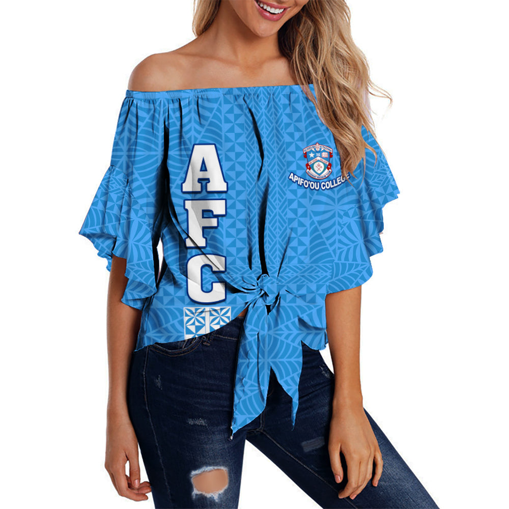 Apifo'ou College Off Shoulder Waist Wrap Top Tongan Pattern AFC Lovers LT13 Women Blue - Polynesian Pride