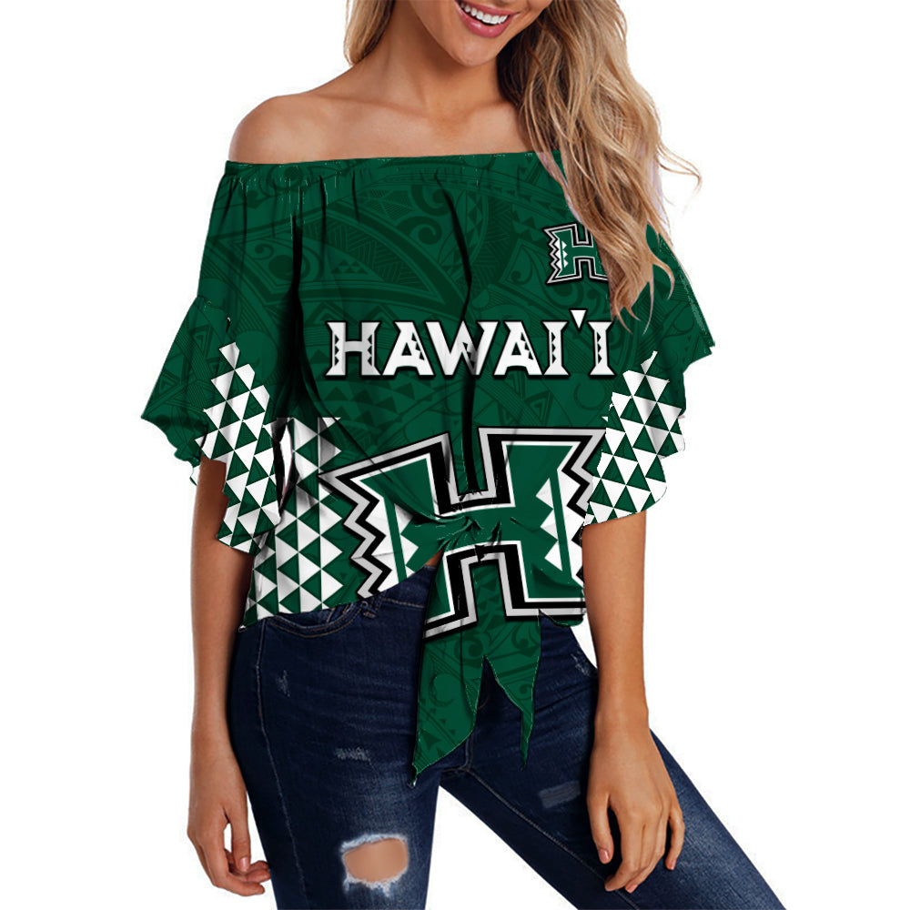 (Custom Text and Number) Hawaii Football Off Shoulder Waist Wrap Top Kakau Warrior Be Stronger LT13 Women Green - Polynesian Pride