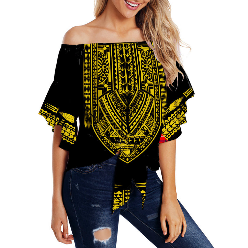 (Custom Personalised) Polynesian Off Shoulder Waist Wrap Top Dashiki With Polynesian Tattoo Royal Golden Version LT14 Women Black - Polynesian Pride