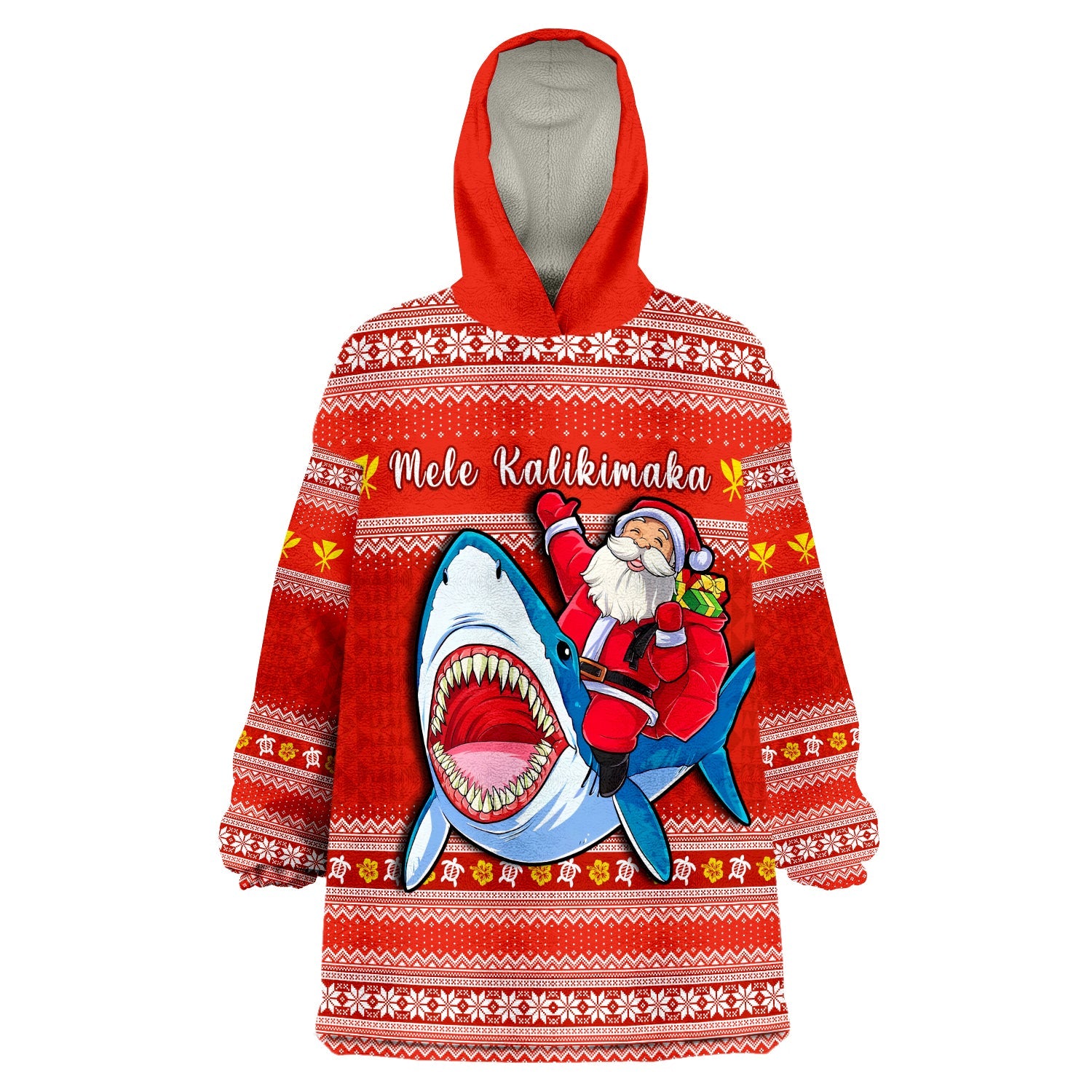 (Custom Personalised) Hawaii Christmas Wearable Blanket Hoodie Santa Shark Mele Kalikimaka Tribal LT14 Unisex One Size - Polynesian Pride