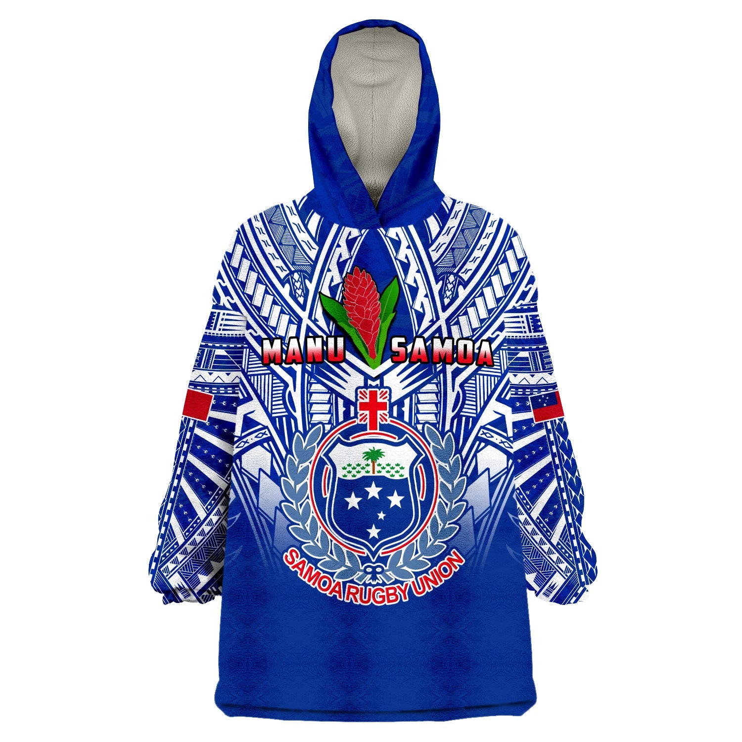 (Custom Text And Number) Samoa Rugby Wearable Blanket Hoodie Manu Samoa 7s Ginger Blue Polynesian LT14 Unisex One Size - Polynesian Pride