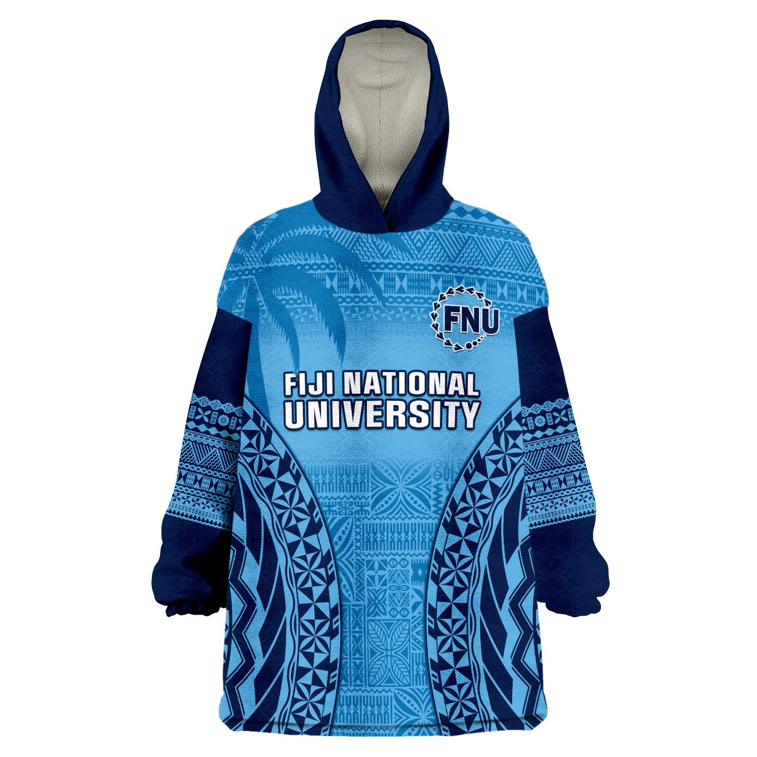 Fiji University Wearable Blanket Hoodie National Fijian Tapa Pattern Blue LT14 Unisex One Size - Polynesian Pride