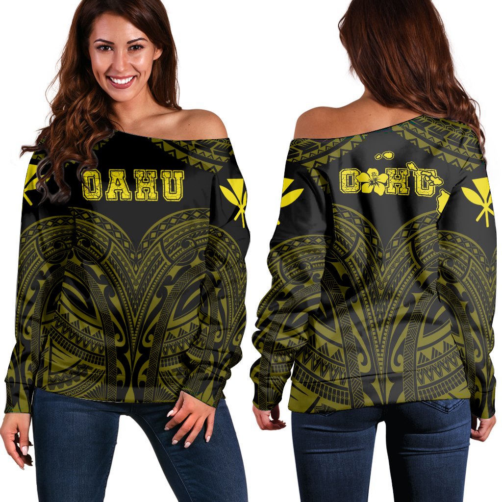 Hawaiian Kanaka Map Oahu Women's Off Shoulder Sweater - Yellow - Brad Style - AH Yellow - Polynesian Pride