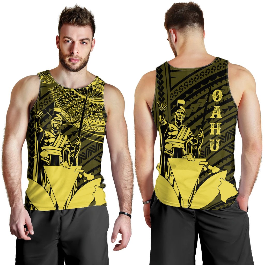 Hawaiian King Kanaka Map Polynesian Oahu Men's Tank Top - Yellow - Hala Style - AH Yellow - Polynesian Pride