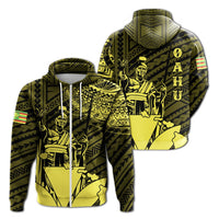 Hawaiian King Kanaka Map Polynesian Oahu Hoodie Zip Yellow Hala Style Unisex Yellow - Polynesian Pride