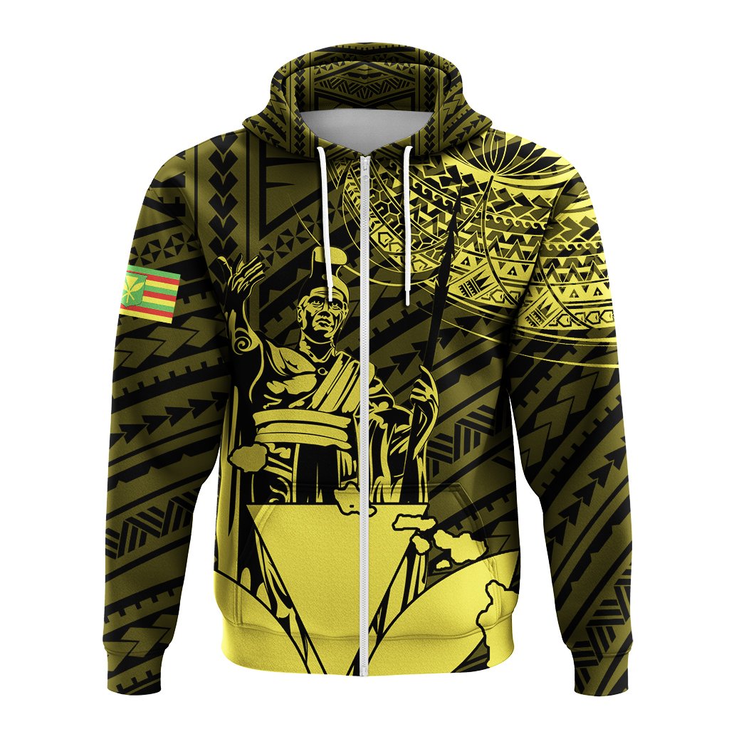 Hawaiian King Kanaka Map Polynesian Oahu Hoodie Zip Yellow Hala Style - Polynesian Pride