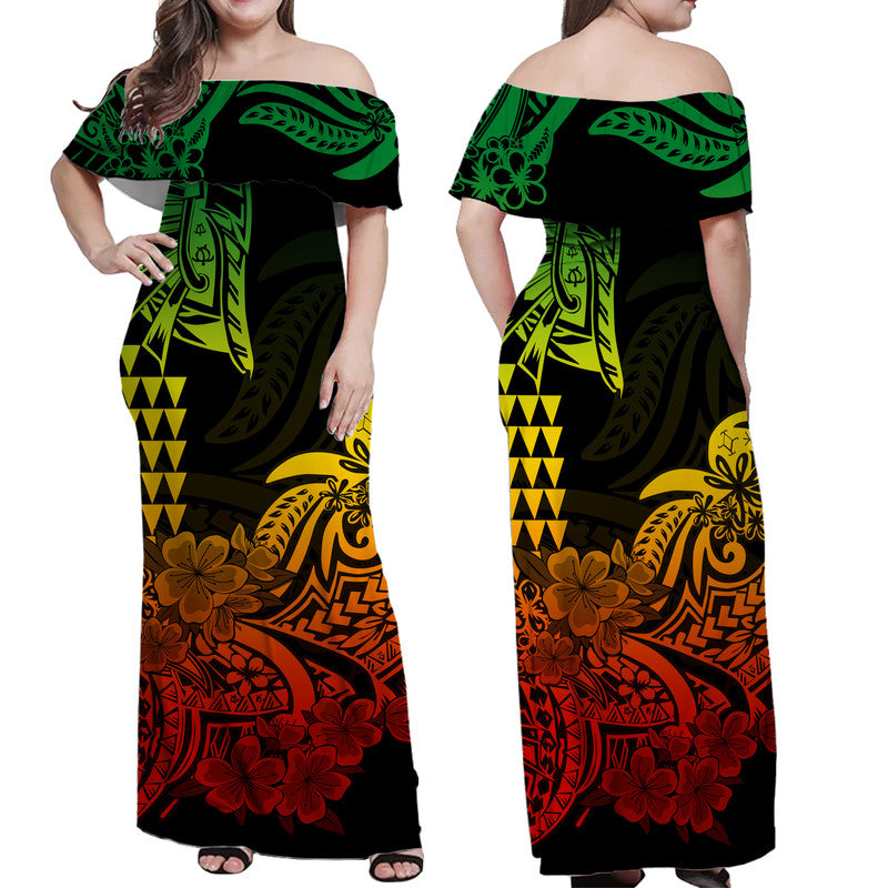 Hawaii Kakau Off Shoulder Long Dress Polynesian Floral Tribal Reggae Version LT9 - Polynesian Pride