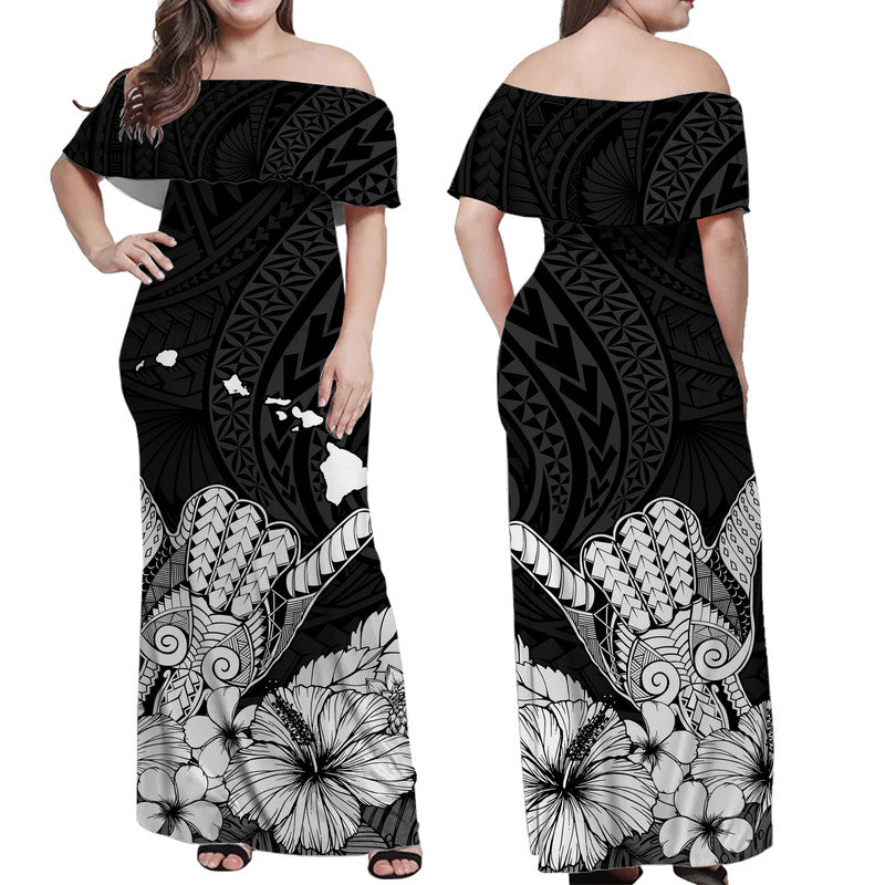 Hawaii Shaka Sign Couple Long Dress and Hawaiian Shirt Black Version LT9 - Polynesian Pride