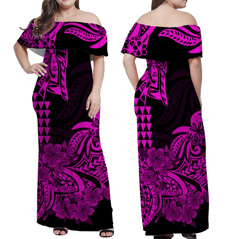 Hawaii Kakau Off Shoulder Long Dress Polynesian Floral Tribal Purple Version LT9 - Polynesian Pride