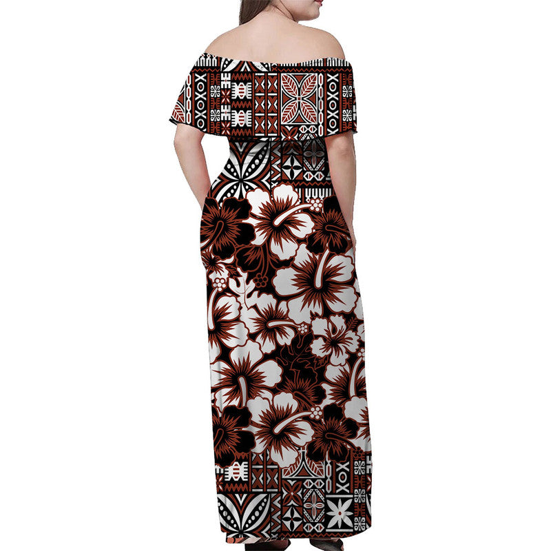 Fiji Hibiscus Festival Off Shoulder Long Dress Brown LT6 - Polynesian Pride