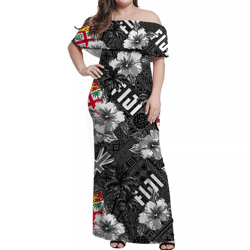 Fiji Hibiscus Off Shoulder Long Dress Hawaii Style No.3 LT6 Women Black - Polynesian Pride