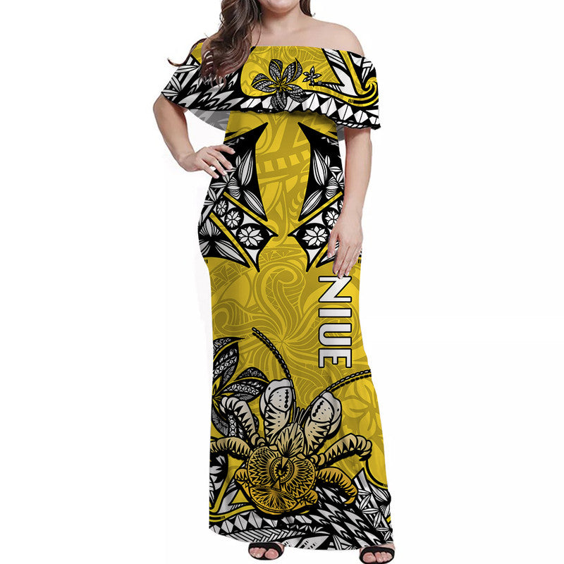 Niue Uga Off Shoulder Long Dress Tribal Patterns Yellow Style LT6 Women Yellow - Polynesian Pride